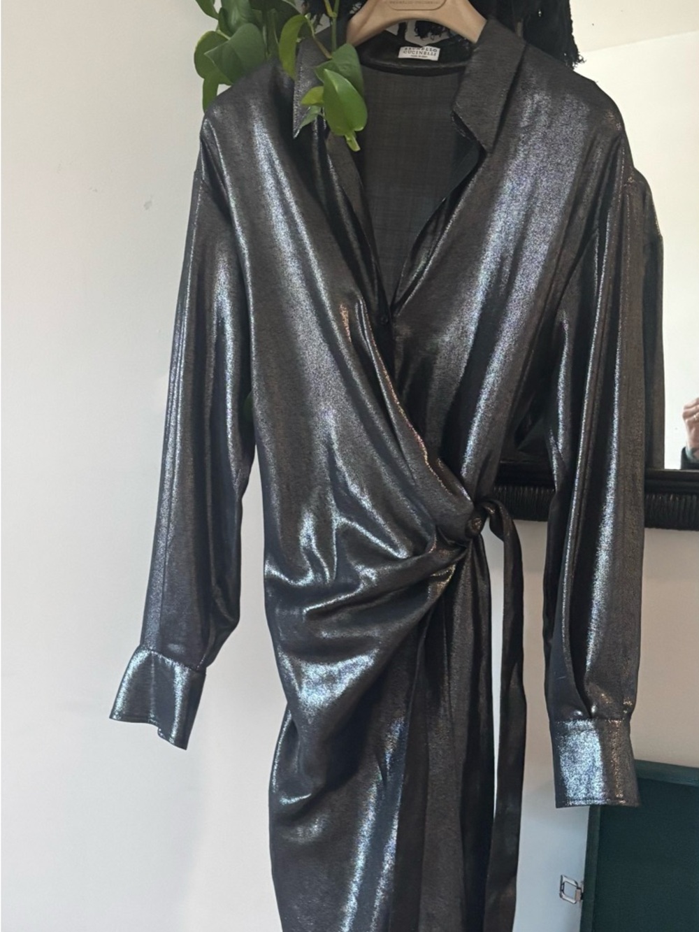 Brunello Cucinelli Pewter Metallic Wrap Midi Dress